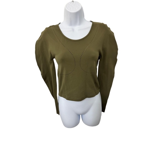 Fabletics Contour Olive Green Seamless Ribbed Pattern Long Sleeve Crop Top - Picture 3 of 6